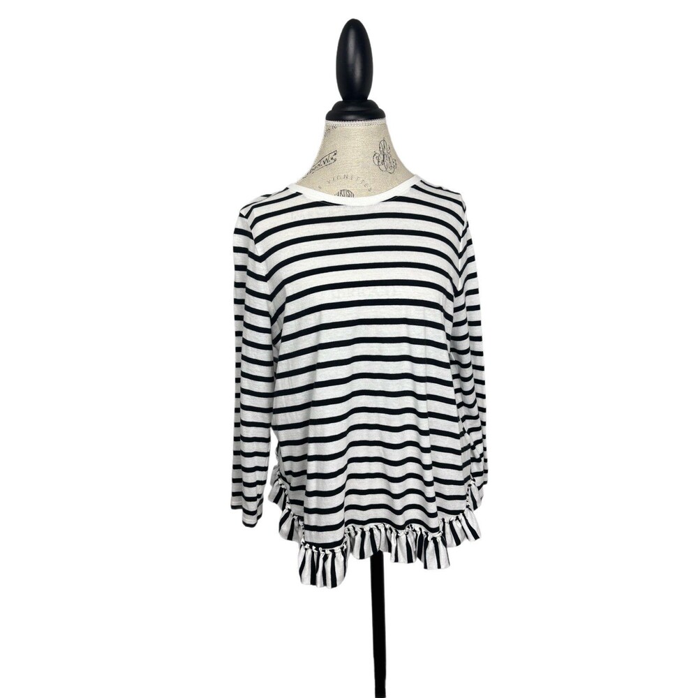 Kate Spade Black & White Striped Ruffle Hem Top Large Cotton
